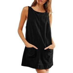 NWT Black Corduroy Pinafore Jumper Dress Black Scoop-Neck Pockets Overall Mini